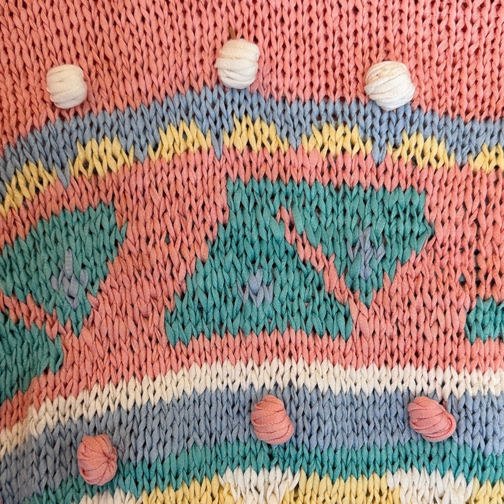 Vintage Angel Hand Knit Pastel Spring/Easter Crewneck Sweater w/Pom-Poms, M - Picture 3 of 6